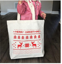 Merry Christmas Canvas Tote Bags w/Gusset Holiday Totes for Gifts